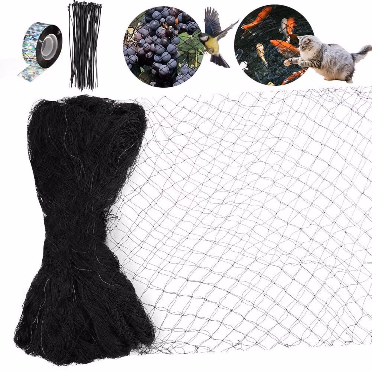 Rete di protezione per uccelli, dimensioni 7,5 m x 15 m, a maglia fine, con nastro dissuasivo e fascette, fori di 5 cm