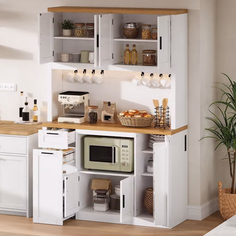 Mobiletto da cucina con illuminazione a LED e prese di corrente, 3 cassetti, pensile da cucina, ripiani interni regolabili, ampio spazio di stoccaggio, mobiletto alto bianco