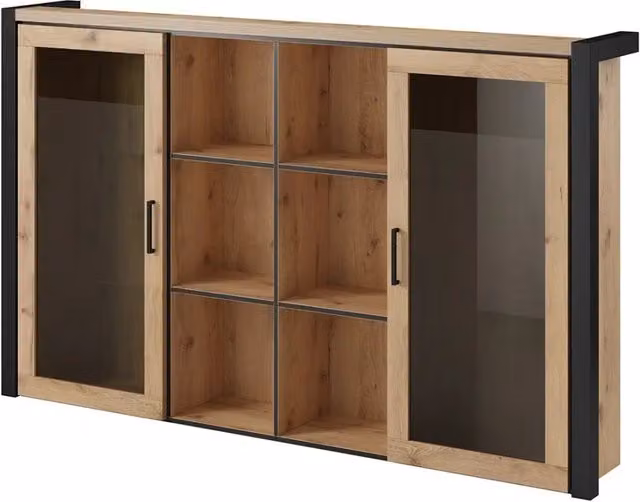Credenza collezione TIVORA. 2 porte e 6 vani centrali. Colore quercia e nero.