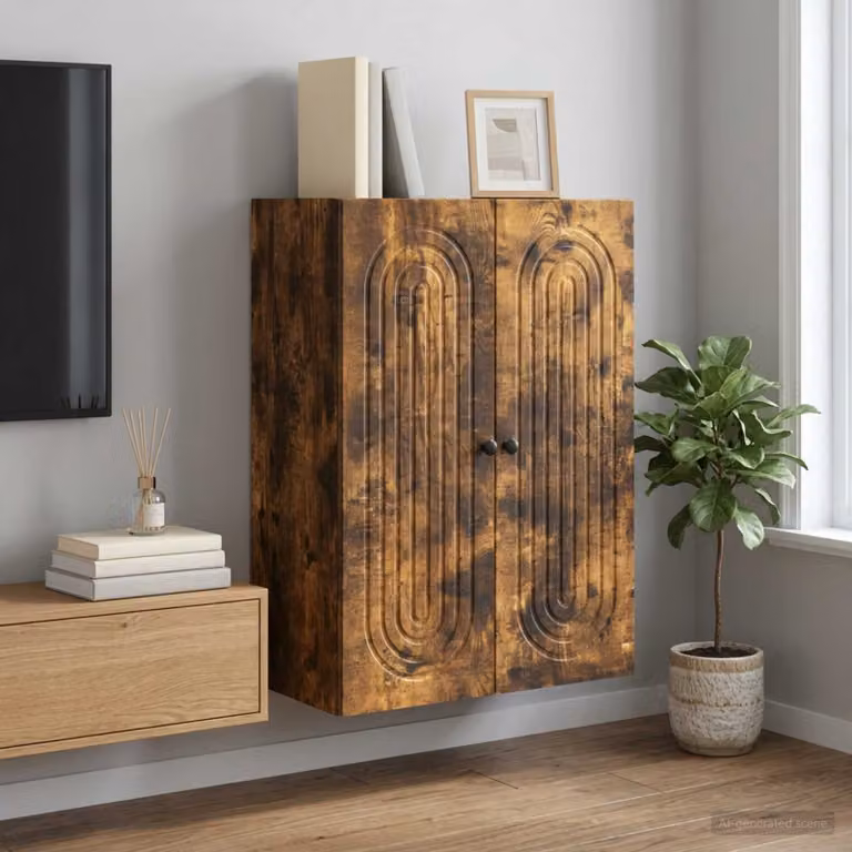 Mobiletto a muro moderno vidaXL in legno Rovere Fumo con ante a battente e ripiani interni, L: 66 cm, P: 34,5 cm, H: 90 cm