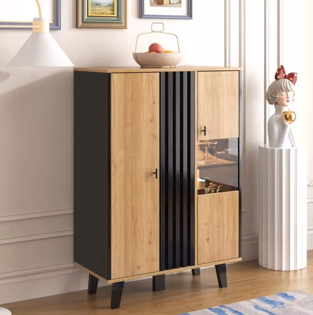 Vetrina 80x40x120 cm nera e legno in pannello truciolare con LED e 2 ante