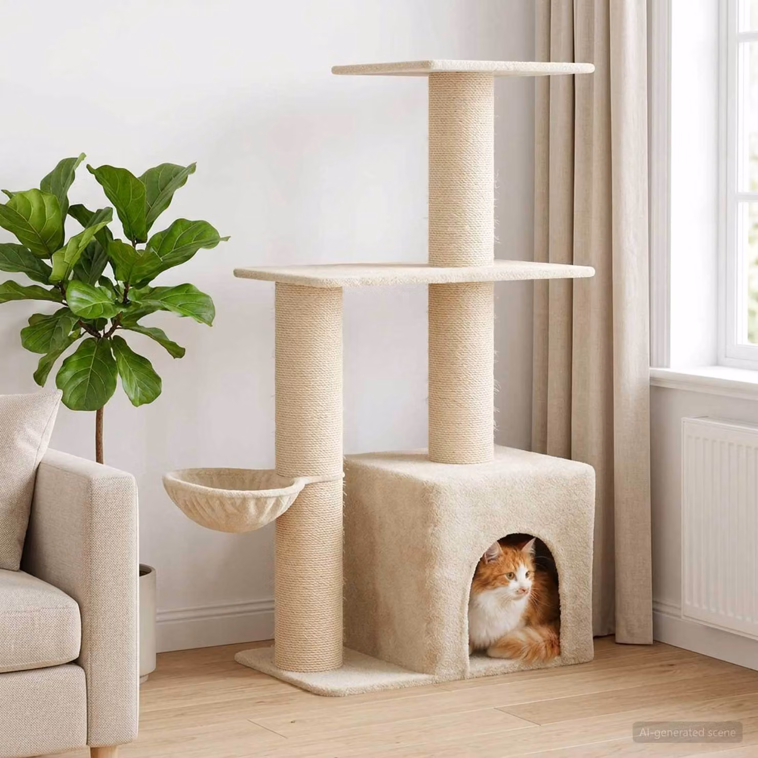 Albero per gatti vidaXL con cave, giochi integrati e pali in sisal sostituibili, beige, Altezza: 133 cm