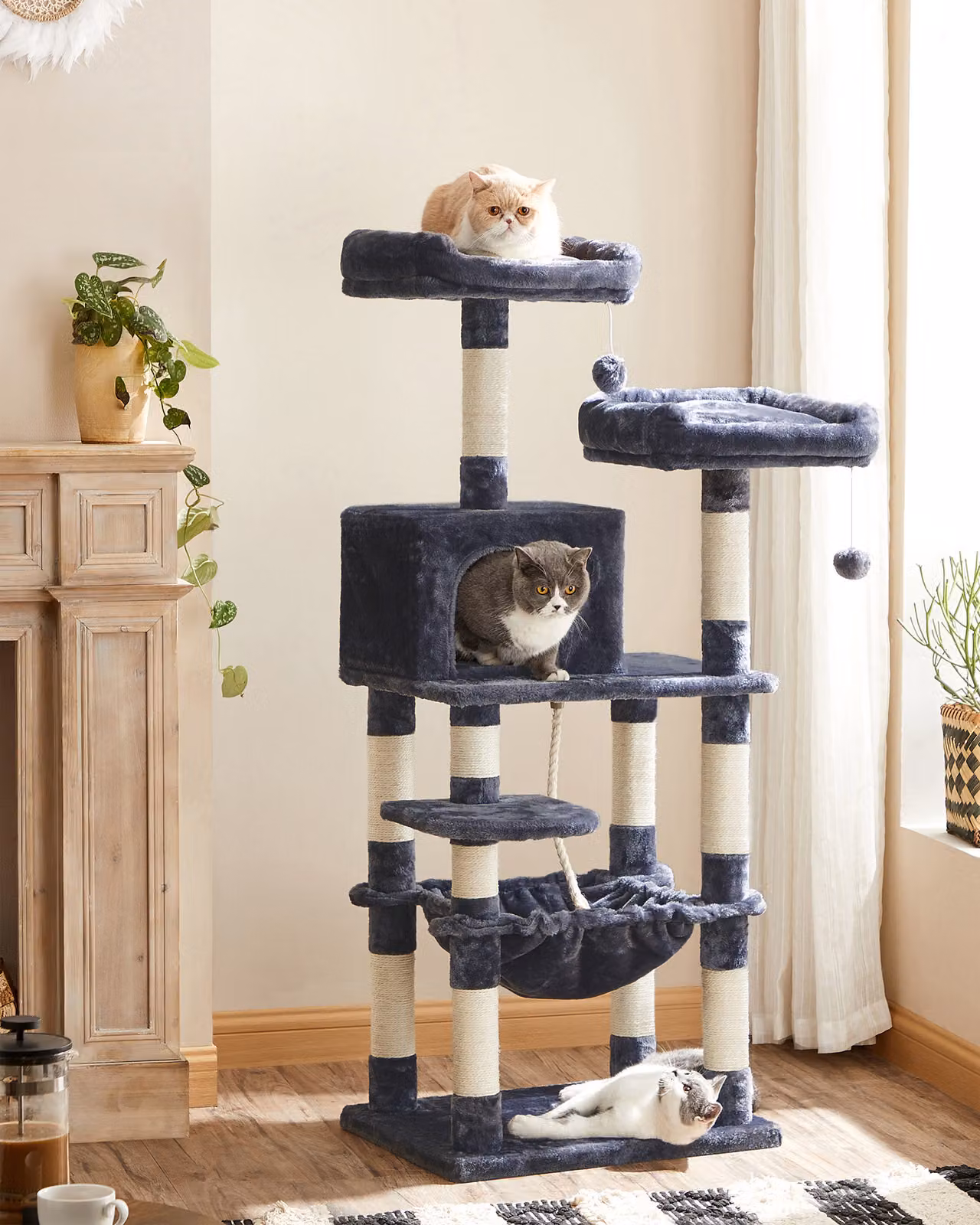FEANDREA tiragraffi 143 cm, 2 piattaforme di osservazione per coccole, grigio fumo