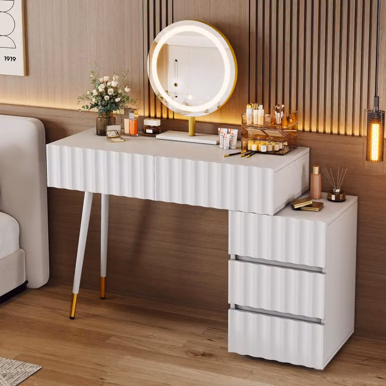 Comodino con specchio LED, 5 cassetti, bianco, L100×H127×P40 cm