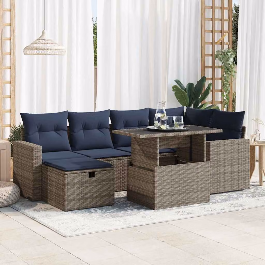 Set da giardino vidaXL composto da 7 pezzi in polyrattan e legno di acacia con cuscini grigi e blu per esterno