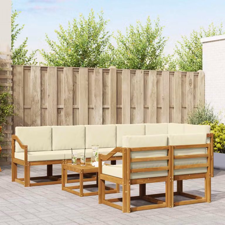 vidaXL Set di divani da esterno a L in legno di acacia con cuscini, 9 pezzi, Beige e Marrone