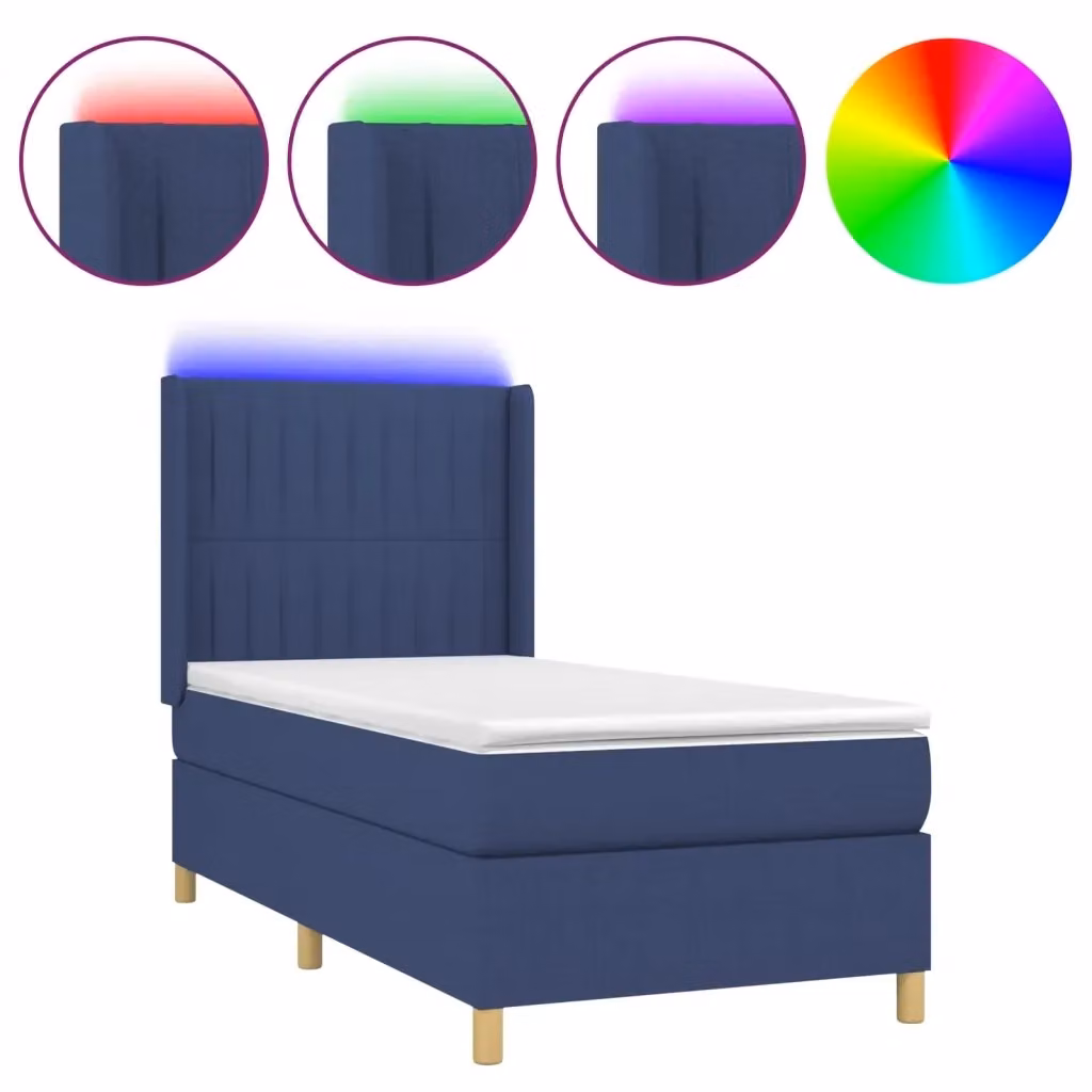 Letto Ibrido vidaXL con Materasso, Illuminazione LED Blu e Porta USB, Tessuto Bianco e Blu, L/P/H: 90 x 190 cm – 2