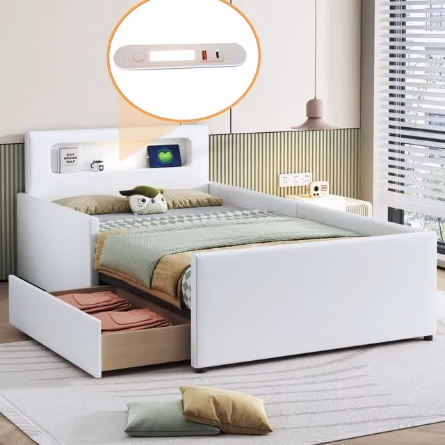 Letto imbottito per bambini 90x200 cm; luce LED; USB; cassetti; sponde rialzate; ecopelle bianca