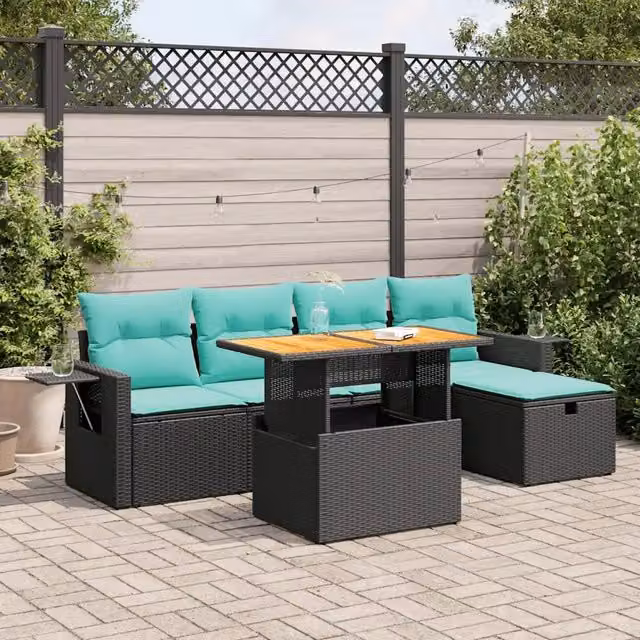 Set Divano da Giardino 6 pz con Cuscini Nero Polyrattan Acacia 3328023