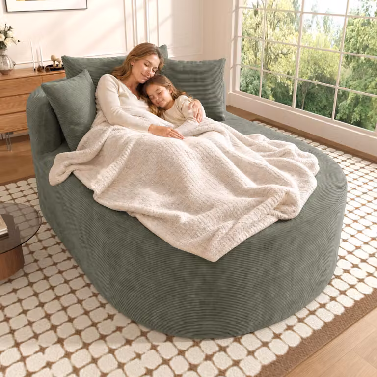 Poltrona relax Merax Oval, monoposto, rivestita in tessuto corduroy, seduta extra profonda di 122 cm, poltrona da lettura con imbottitura morbida, divano singolo senza necessità di montaggio, colore verde