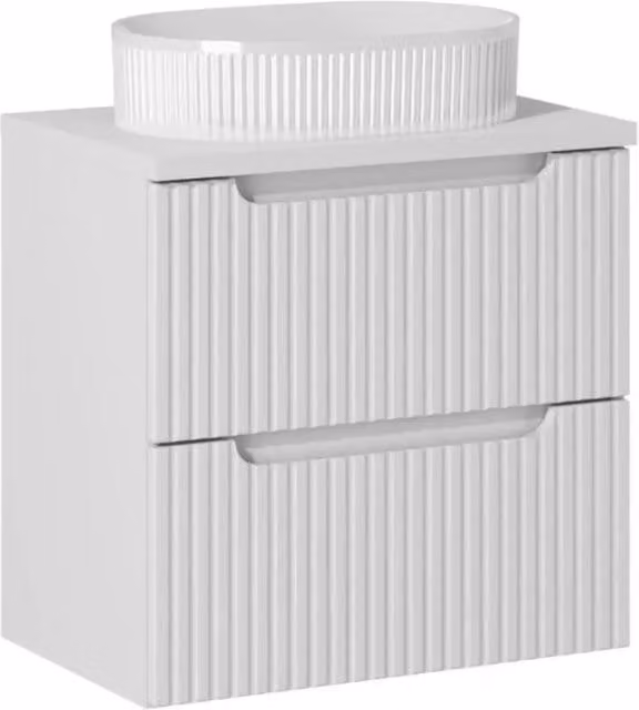 Set VANO bianco 60cm: mobile sotto lavabo con cassetti + piano per lavabo bianco + lavabo da appoggio scanalato bianco