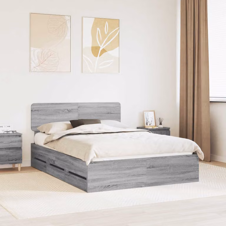 Struttura del letto con cassetto vidaXL in legno Sonoma grigio, L: 150 cm, P: 200 cm, H: 153 cm
