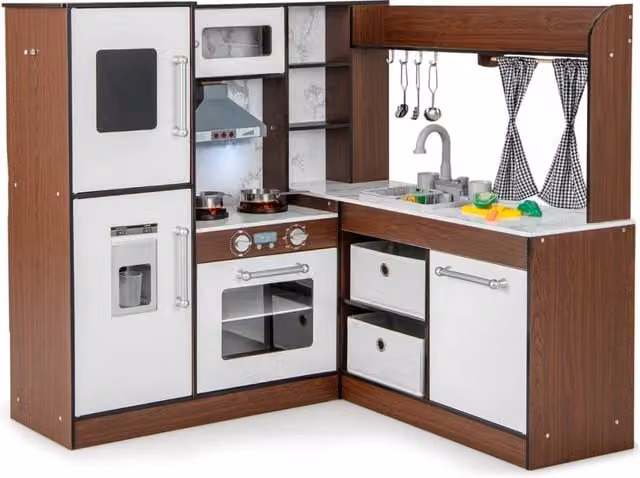 Cucina giocattolo angolare Design Mania con luci, suoni e sistema di circolazione dell'acqua, colore marrone