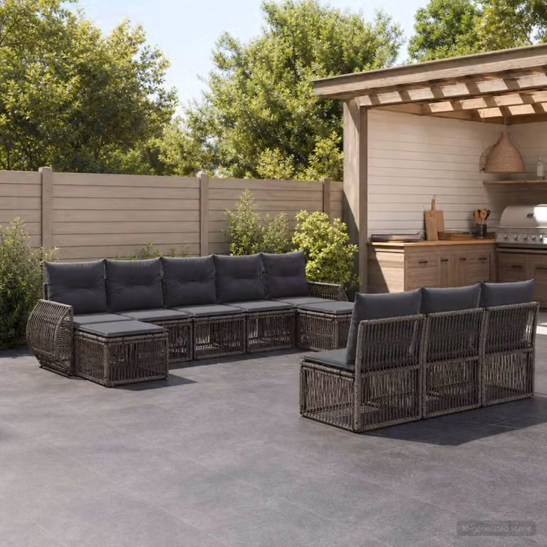 Set Divano da Giardino vidaXL 10 Pezzi a Forma di U in Polyrattan Grigio e Antracite con Cuscini e Struttura in Acciaio