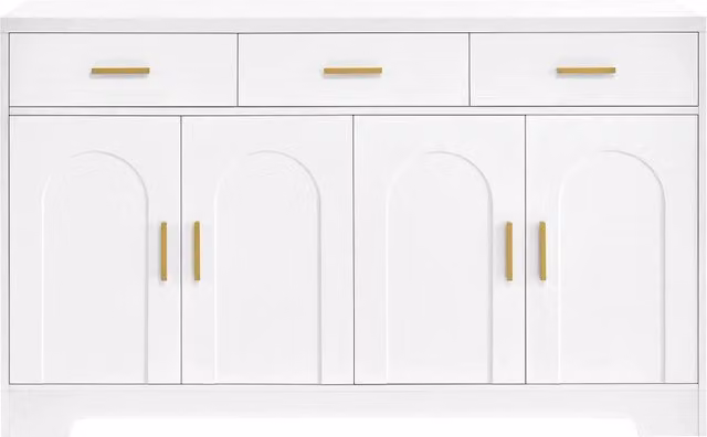 Credenza moderna con 4 ante ad arco, 3 cassetti e ripiani regolabili in MDF bianco per soggiorno, sala da pranzo o ingresso, L: 140 cm, P: 40 cm, H: 83 cm