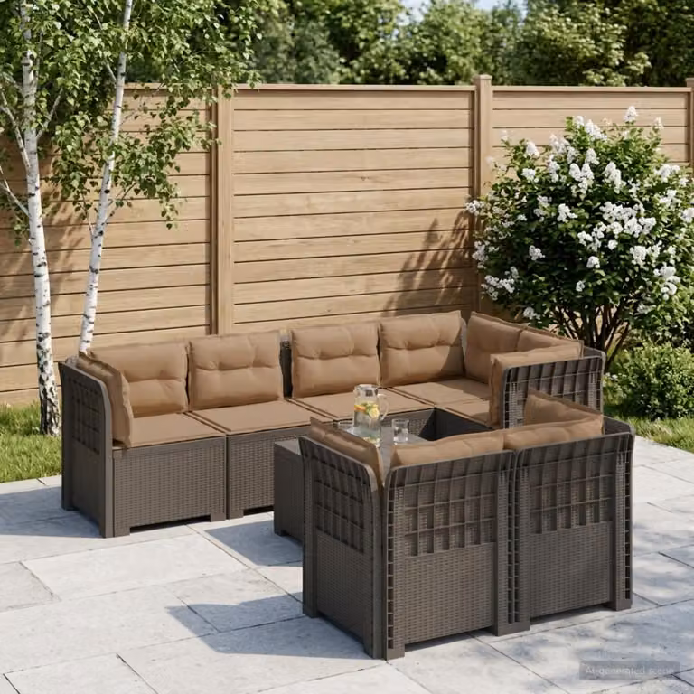 Divano da giardino vidaXL a 7 posti in polyrattan con cuscini, design moderno a forma di U, resistente ai raggi UV, disponibile in grigio, beige o marrone
