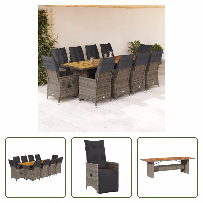 The Living Store Set bistrot da giardino 11 pezzi con cuscini in poly rattan grigio