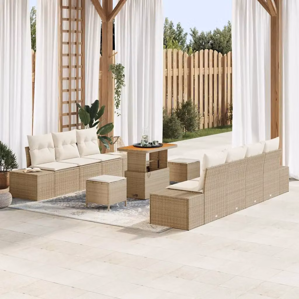 Set Divano da Giardino vidaXL 10 Pezzi a Forma di L in Polyrattan Beige con Cuscini e Tavolino – 1