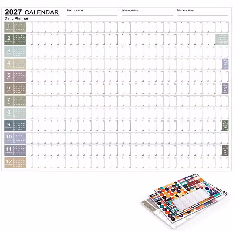 Calendario da parete 2027, formato XXL (74,2 x 52,5 cm), pieghevole, con adesivi