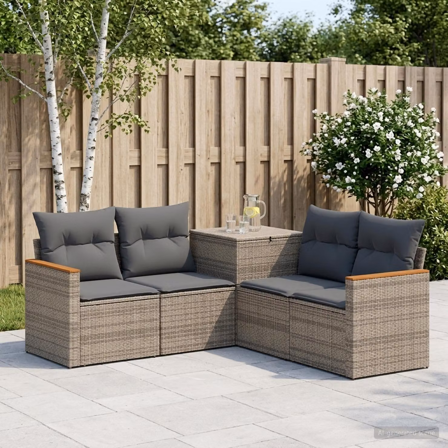 Set di divani da giardino vidaXL in polyrattan con forma a L, colore grigio e antracite, comprensivo di cuscini e pouf coordinato