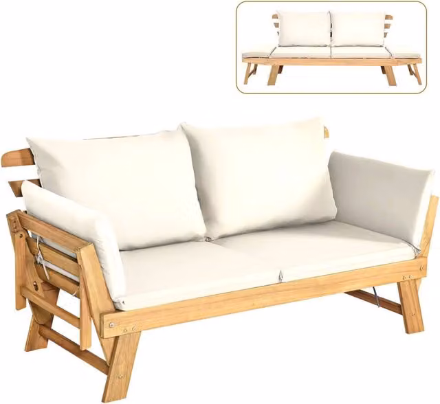 Divano letto da esterno Costway in legno di acacia con braccioli regolabili e cuscini, chaise longue pieghevole per giardino e piscina, Beige o Bianco – 1