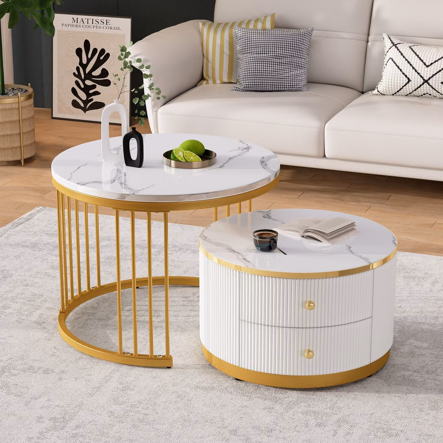 Set di tavolini STILVORA con finitura lucida, set da 2 tavolini da salotto con effetto marmo, tavolino con 2 cassetti, bianco + oro