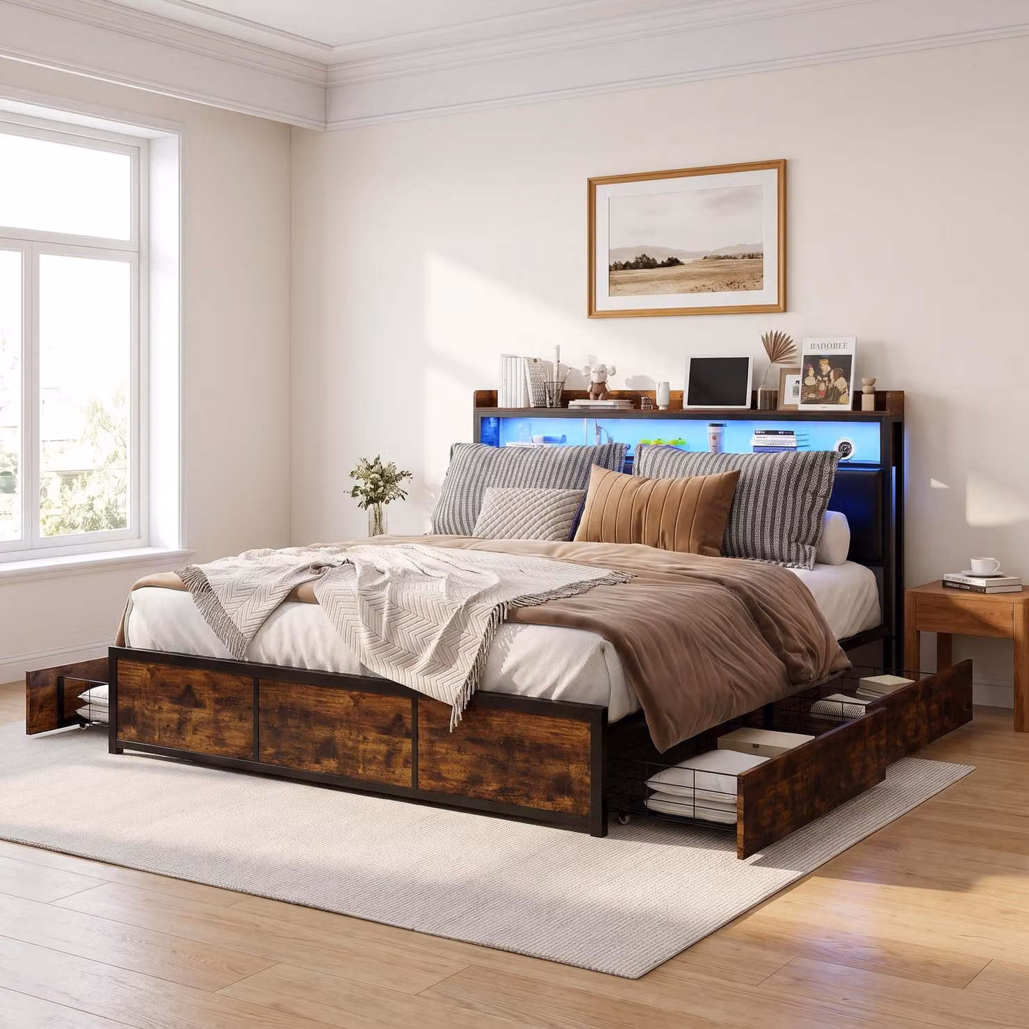 INONEFT Letto contenitore imbottito, 180x200 cm, letto per ragazzi/coppie con 4 cassetti, letto con LED e spazio contenitore, struttura del letto con rete a doghe, colore nero, materiale: PU