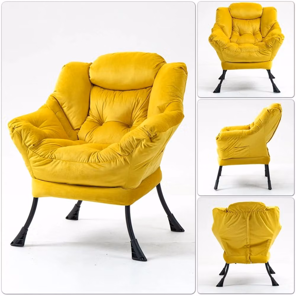Poltrona Relax MINIMAL in Velluto Giallo con Struttura in Metallo e Tasca Laterale, Stile Moderno – 2