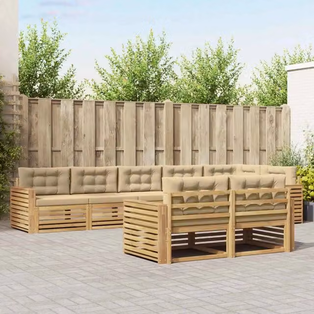 Set di divani da esterno a L vidaXL in legno di acacia con cuscini, Bianco e Beige
