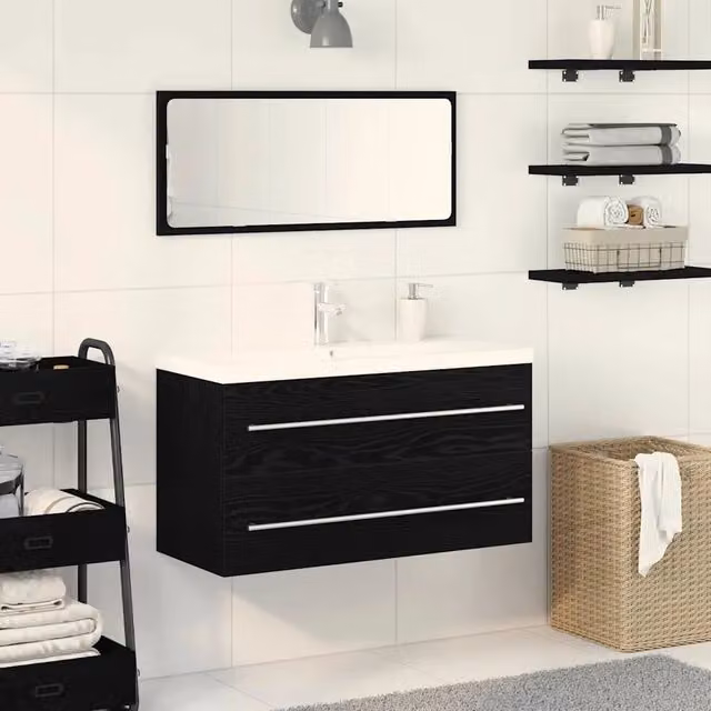 Armadio per Lavabo da Bagno 3 pz Rovere Nero 90 x 38,5 x 48 cm 3333131