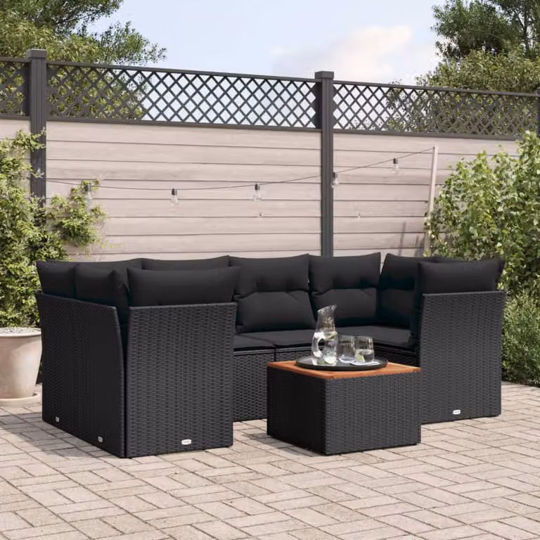Set Divani da Giardino a L vidaXL in Polyrattan Nero con Cuscini e Tavolino da Esterno