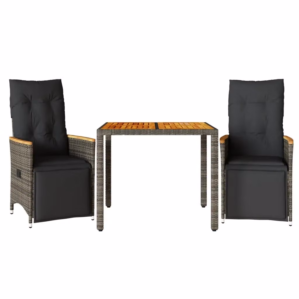 Set Bistrò da Giardino vidaXL in Polyrattan e Legno di Acacia Grigio con 3 Pezzi e Cuscini – 2
