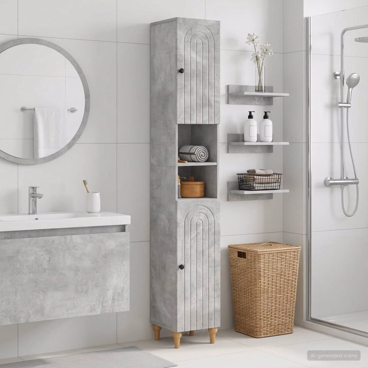vidaXL Armadio da Bagno ALKMAAR Moderno con Ripiano Aperto e Ante a Battente, Grigio e Nero, H: 190 cm, L: 31 cm, P: 30 cm