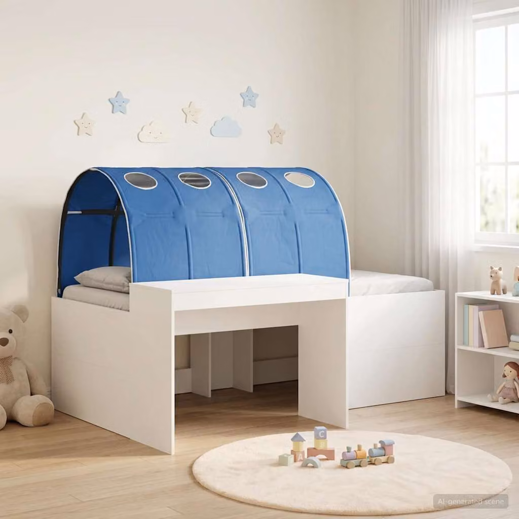 vidaXL Letto per bambini con tunnel e scomparti laterali, Rovere e Blu, L: 193 cm x L: 120 cm x H: 75 cm