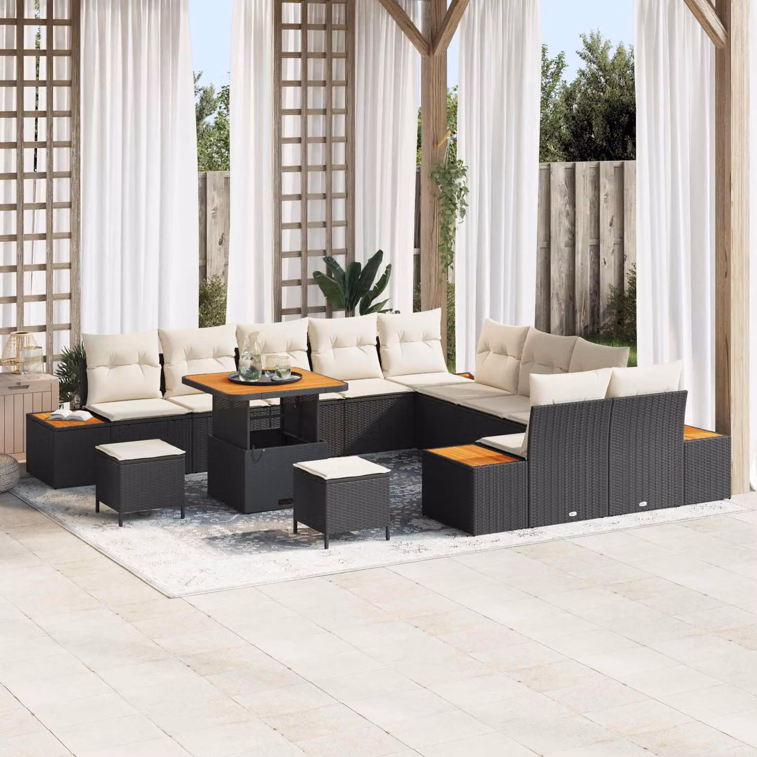 Set Divano da Giardino vidaXL 13 Pezzi con Cuscini Nero e Beige – 1