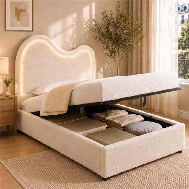 Letto per bambini 90 × 200 cm con vano idraulico, LED regolabile e testiera bouclé, senza materasso, bianco
