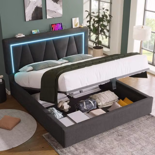Letto contenitore matrimoniale OKWISH in lino grigio con porte USB e Tipo C e illuminazione LED sottostante, L/P/H: 140 x 200 x 110.5 cm