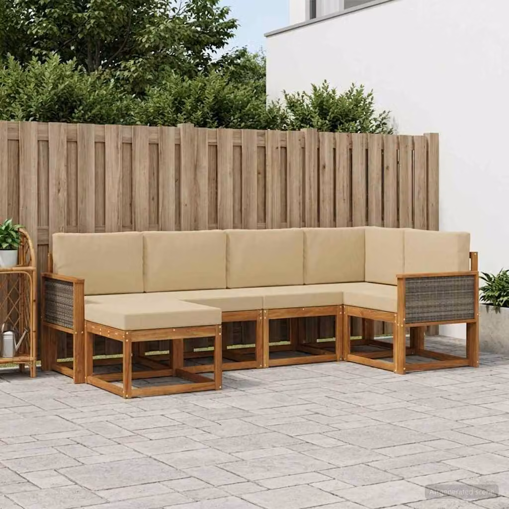 Set di divani da esterno vidaXL a forma di L composto da 6 pezzi in legno di acacia con cuscini beige e sabbia