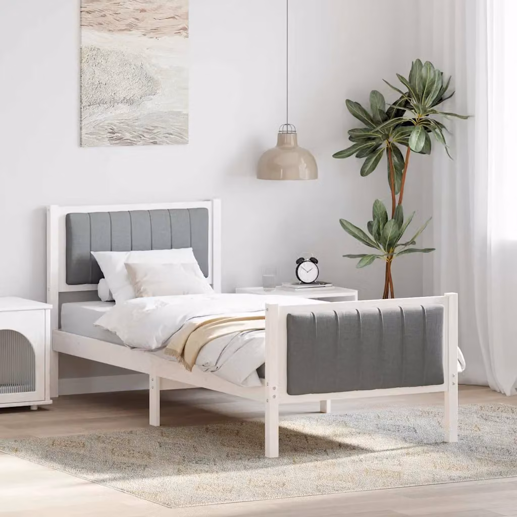 Struttura del letto moderna vidaXL in legno di pino con rivestimento in tessuto, Bianco e Grigio, L 199,5 cm x P 85,5 cm x H 80,5 cm