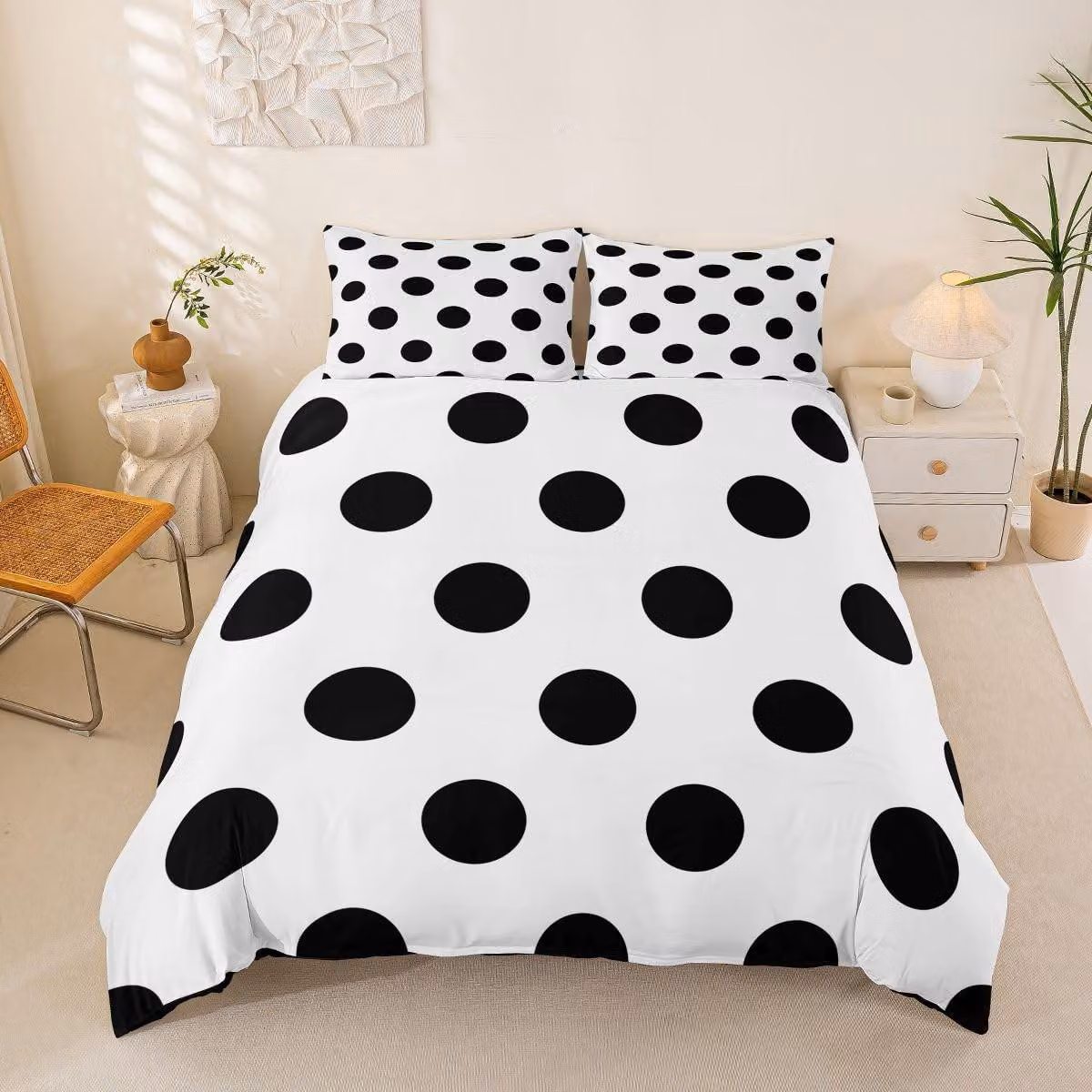 Set di lenzuola per piumino - Bianco e nero a pois - Misura matrimoniale