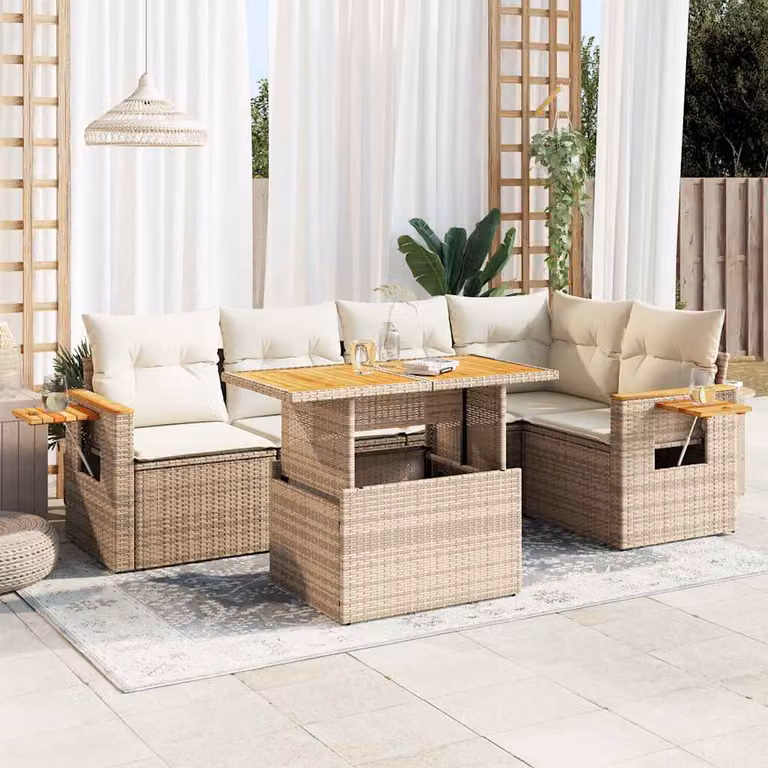 Set Divano da Giardino vidaXL 6 pz in Polyrattan con Cuscini Beige e Tavolino da Caffè Moderno