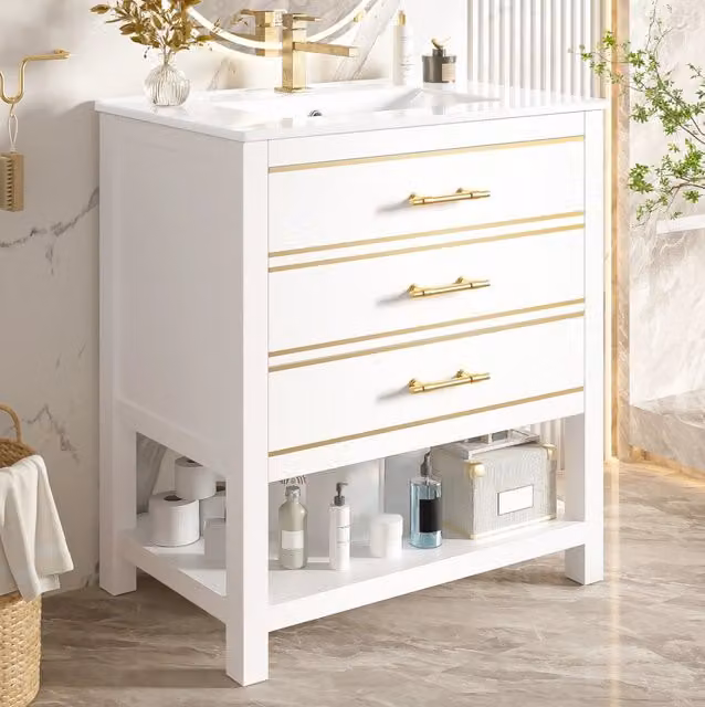Mobiletto bagno con lavabo in ceramica 76 cm, 2 cassetti e vano aperto, bianco oro