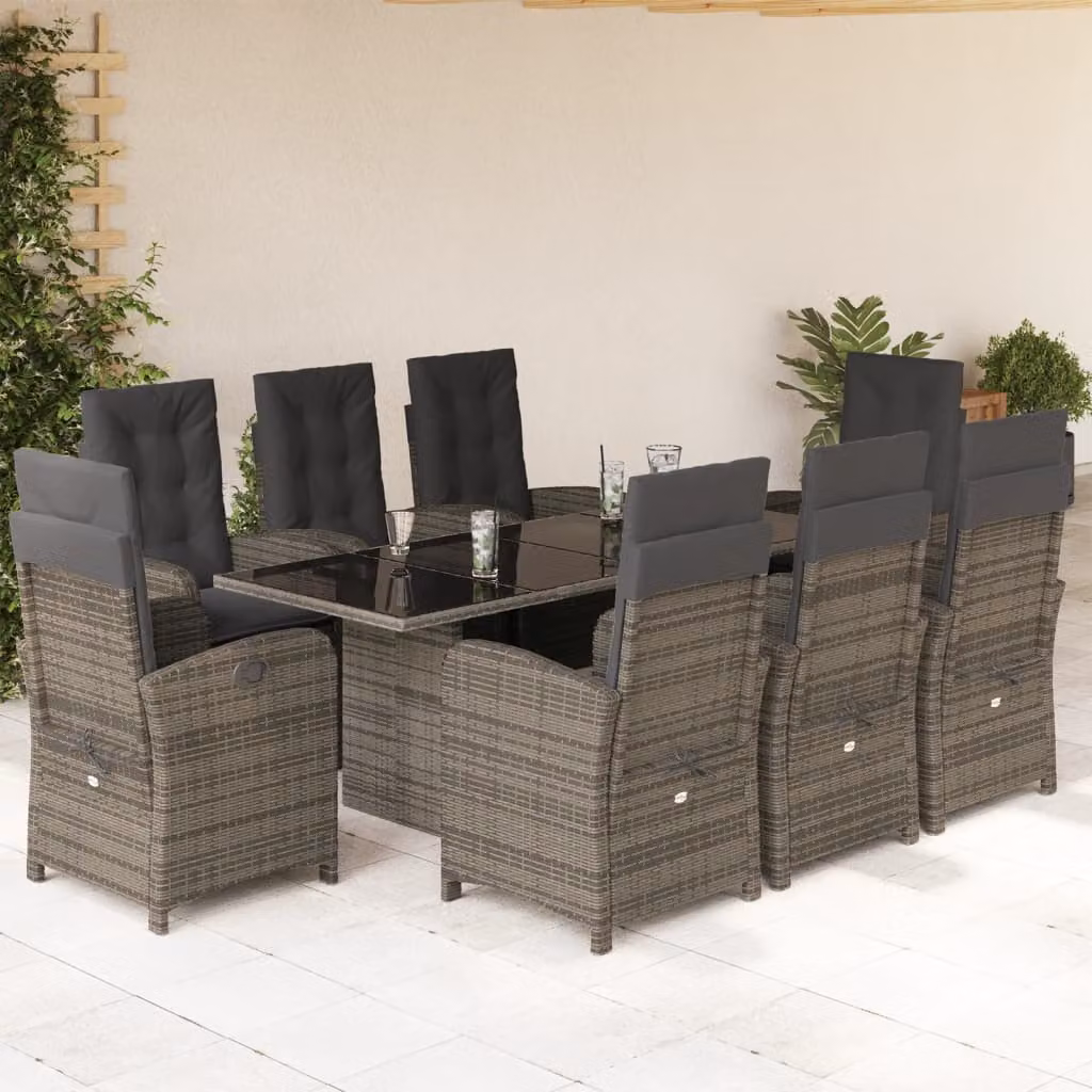 Set da Pranzo da Giardino vidaXL in Polyrattan Grigio e Nero con 9 Pezzi e Cuscini – 1
