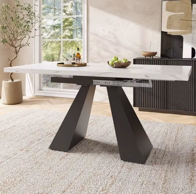 Tavolo da pranzo allungabile 99-159x74x77 cm con piano in MDF effetto marmo; bianco e nero