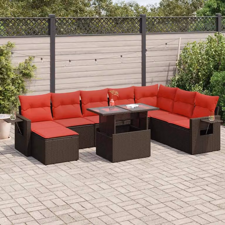 Set di divani da giardino vidaXL in polyrattan marrone con cuscini e tavolino da esterno a forma di U