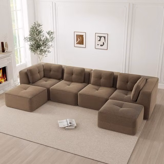 Divano angolare modulare trasformabile OKWISH in velluto a coste marrone con ottomana coordinata e funzione letto