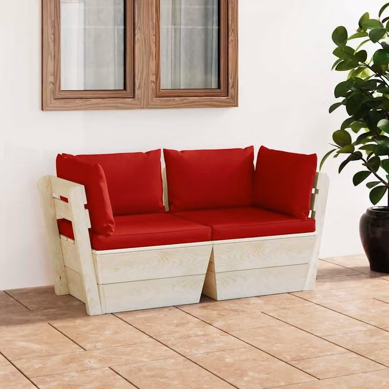 vidaXL Divano da Giardino a 2 Posti a Forma di L in Legno di Pino Trattato con Cuscini Imbottiti Marroni e Rossi