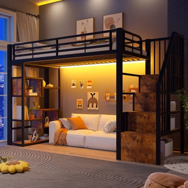 Letto a soppalco 90x200 cm con spazio libero sottostante; LED; ripiano; gradini integrati e parapetto; metallo nero