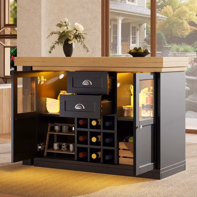 Tavolo da pranzo allungabile girevole 360° con 2 cassetti, LED e portabottiglie, cucina, nero, 120–197 × 40 × 72 cm