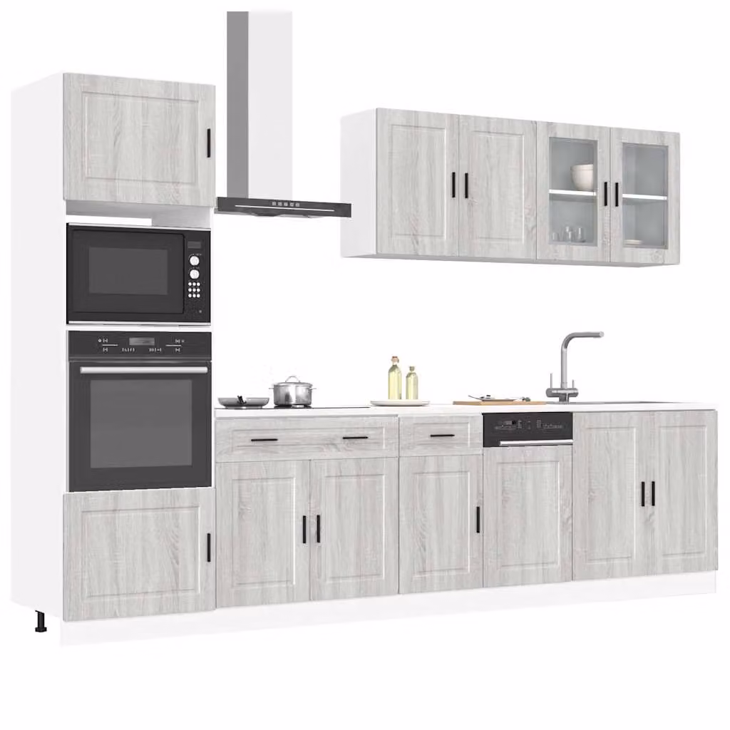 Set di mobili da cucina moderno vidaXL Kalmar composto da 7 pezzi in colore grigio con ante in vetro e ripiani interni